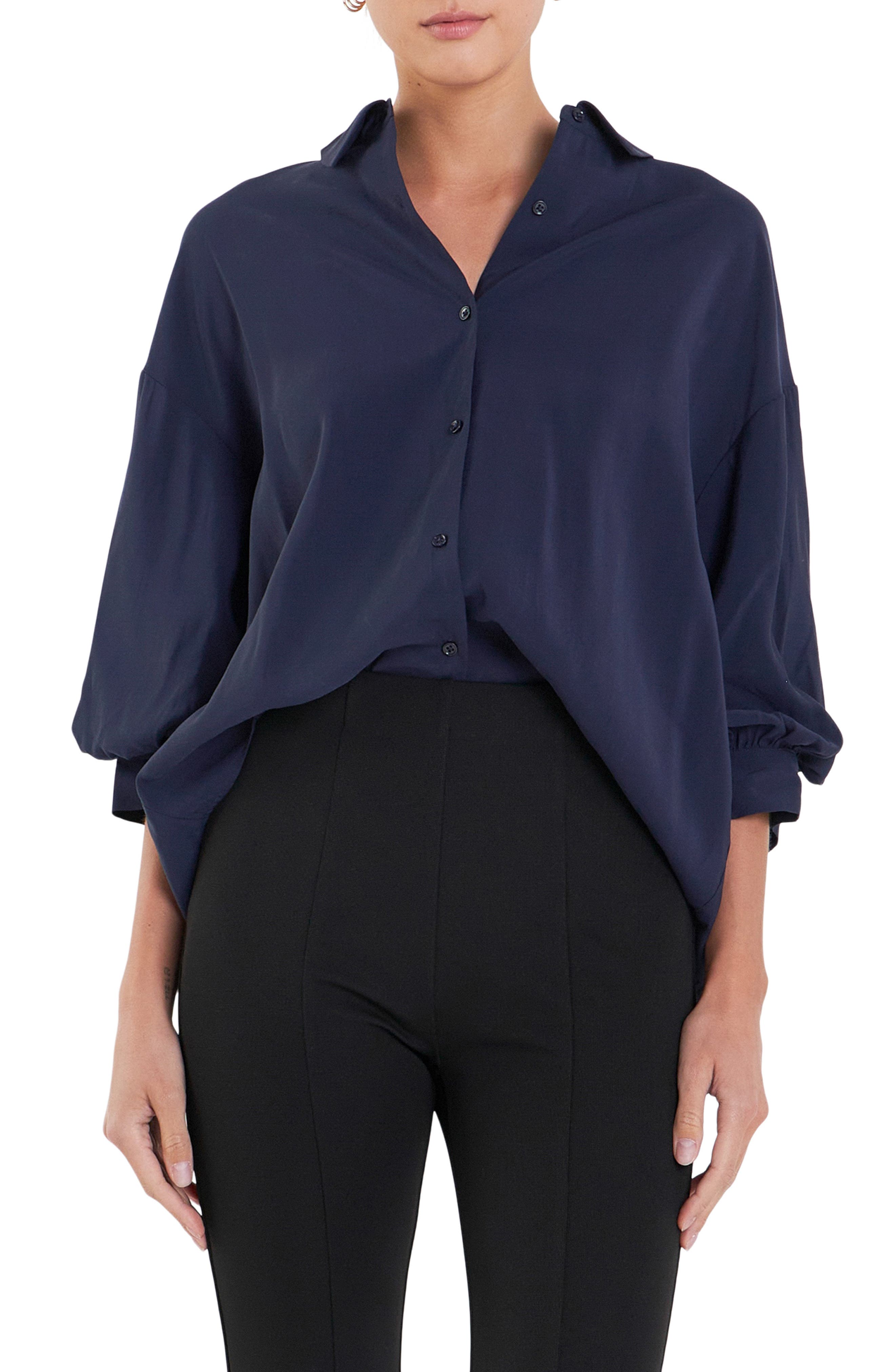 English Factory Balloon Sleeve Button-Up Shirt in Navy 