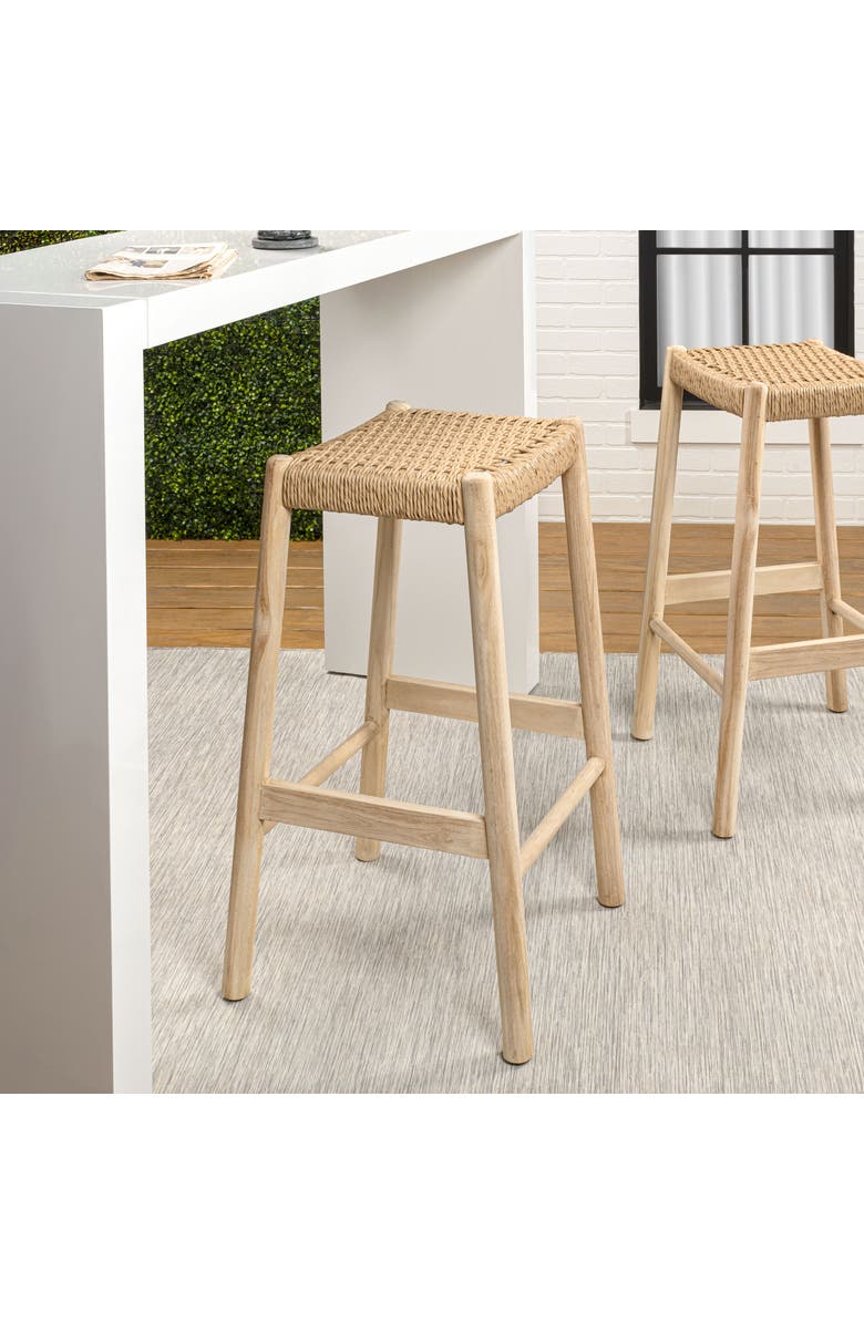 JONATHAN Y Armati Coastal Casual Handcrafted Teak Wood Backless Indoor/Outdoor Counter Stool with Synthetic Woven Seat, Alternate, color, Natural Finish -29.5"