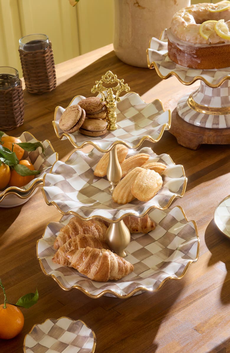 MACKENZIE CHILDS Mocha Check Ceramic Three Tier Sweet Stand, Alternate, color, Mocha