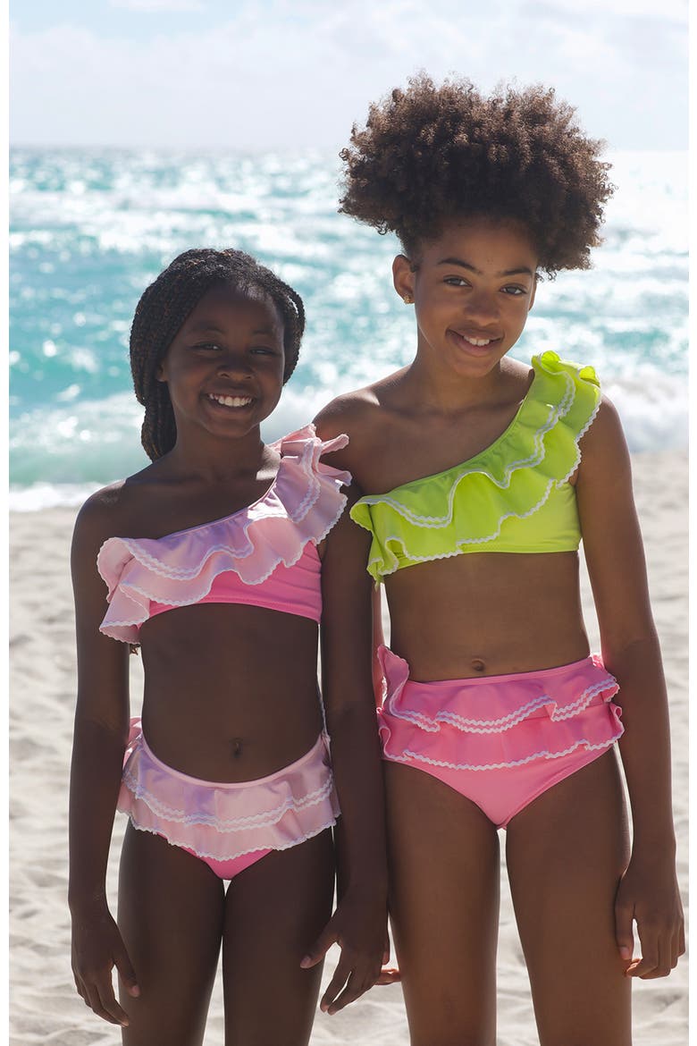 Neon One-Shoulder Multi-Ruffle Two-Piece Bikini, Alternate, color, Multicolor
