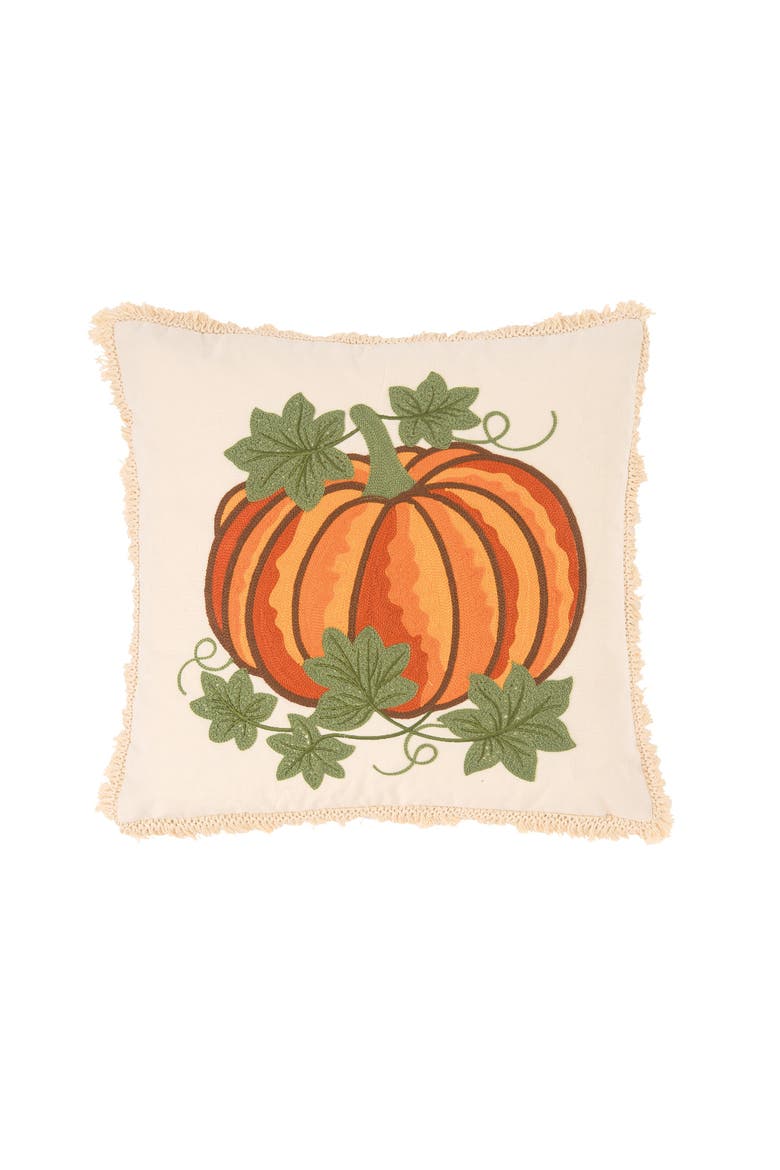 Crewelwork Pumpkin Halloween Throw Pillow, 18" x 18", Main, color, Orange