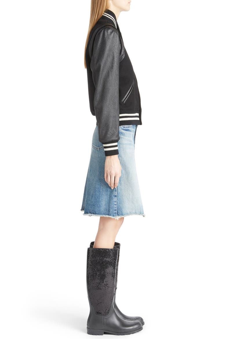 'Teddy' Full Leather Sleeve Bomber Jacket, Alternate, color, BLACK