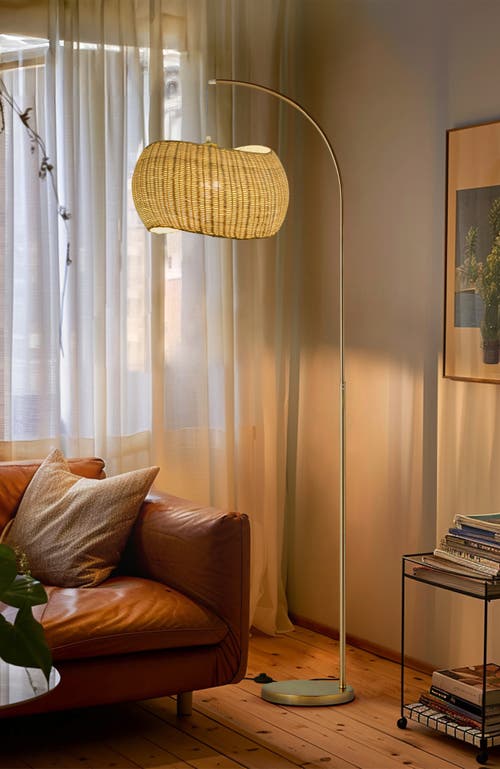 Brightech Wave 81' Pendant Led Unique Arc Floor Lamp With Rattan-style Wicker Shade In Antique Brass