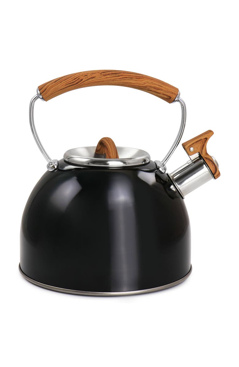Mr. Coffee 2 Quart Stainless Steel Whistling Tea Kettle with Wood Pattern Handle, Alternate, color, Black