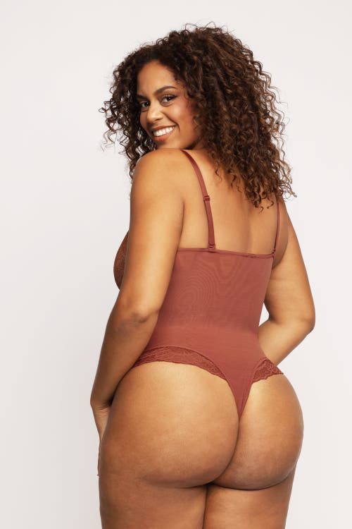 Popilush Shapewear Lace Deep V-neck Sculpting Thong Bodysuit In Chocolate