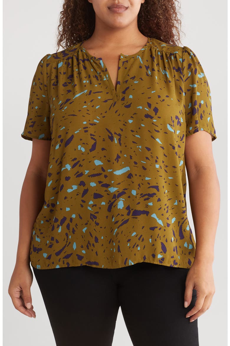 Stripe Short Sleeve High-Low Tunic Top, Main, color, OLIVE TURQ NAVY SPLOTCH