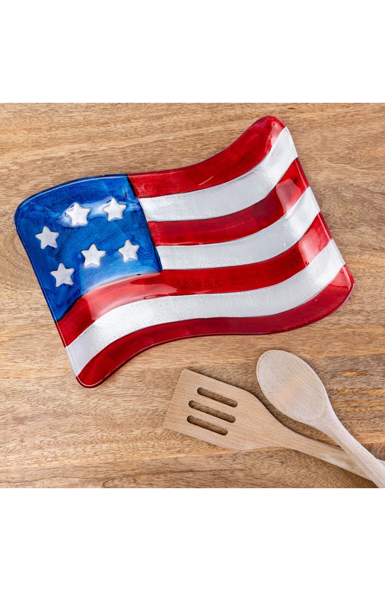 Transpac Fused Glass American Flag Plate 13.39" - Multicolor Serving Tray, Food Safe, Indoor Use, 9.45" Height, Perfect for Spring!, Alternate, color, Red