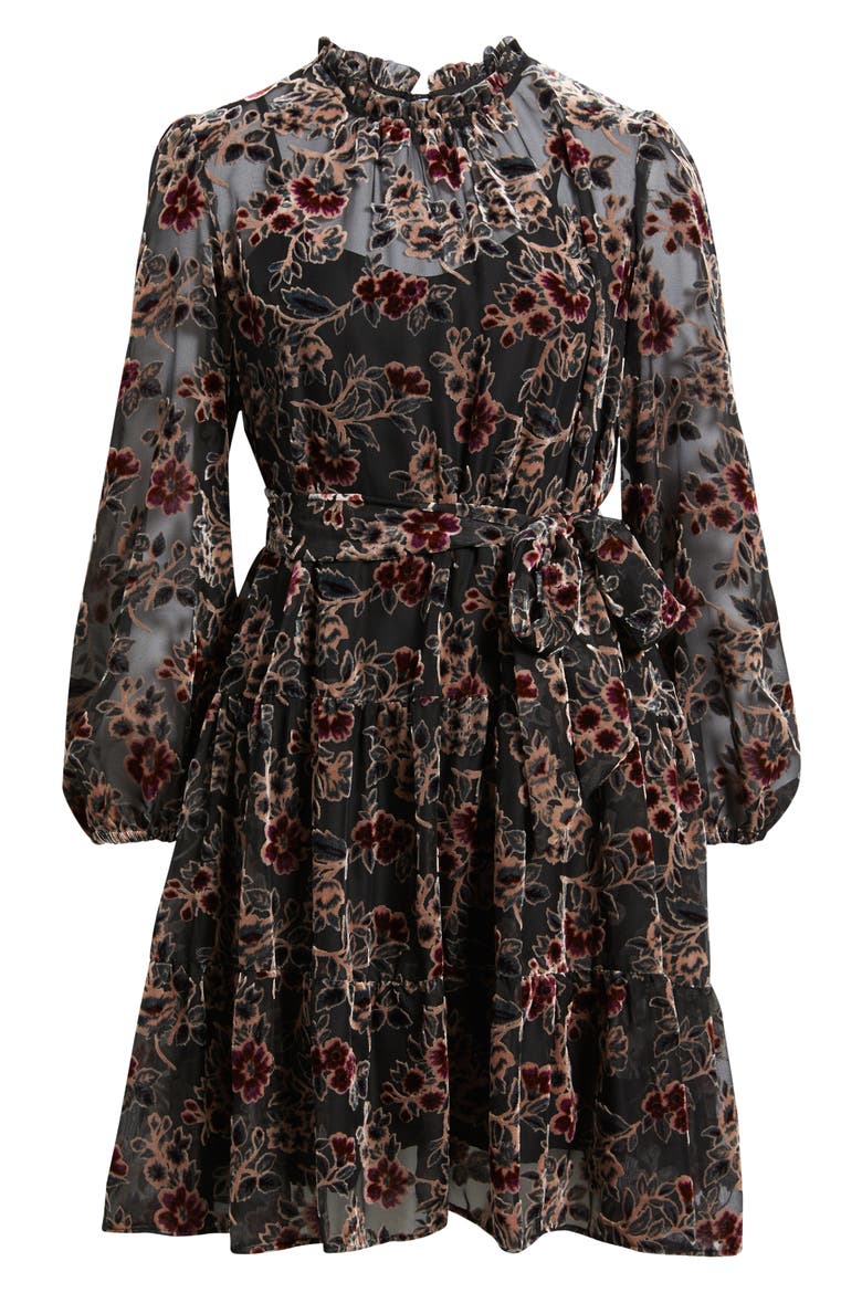 Burnout Velvet Floral Long Sleeve Fit & Flare Dress, Alternate, color, BLACK MULTI