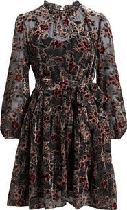 Julia Jordan Burnout Velvet Floral Long Sleeve Fit & Flare Dress