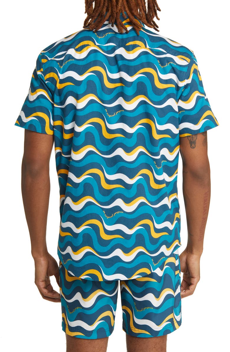 Original Penguin Wavy Print Short Sleeve Button-Down Shirt, Alternate, color, 