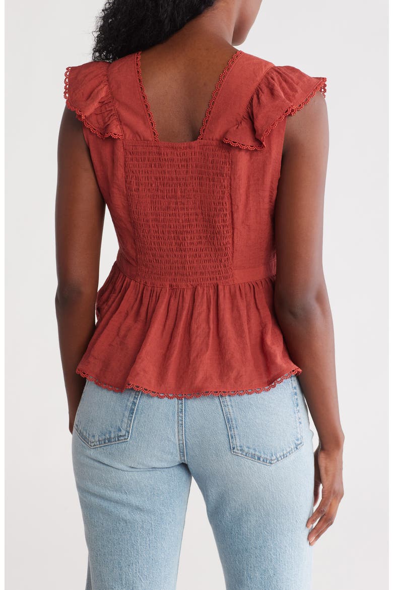 Lace Trim V-Neck Peplum Top, Alternate, color, TERRACOTTA