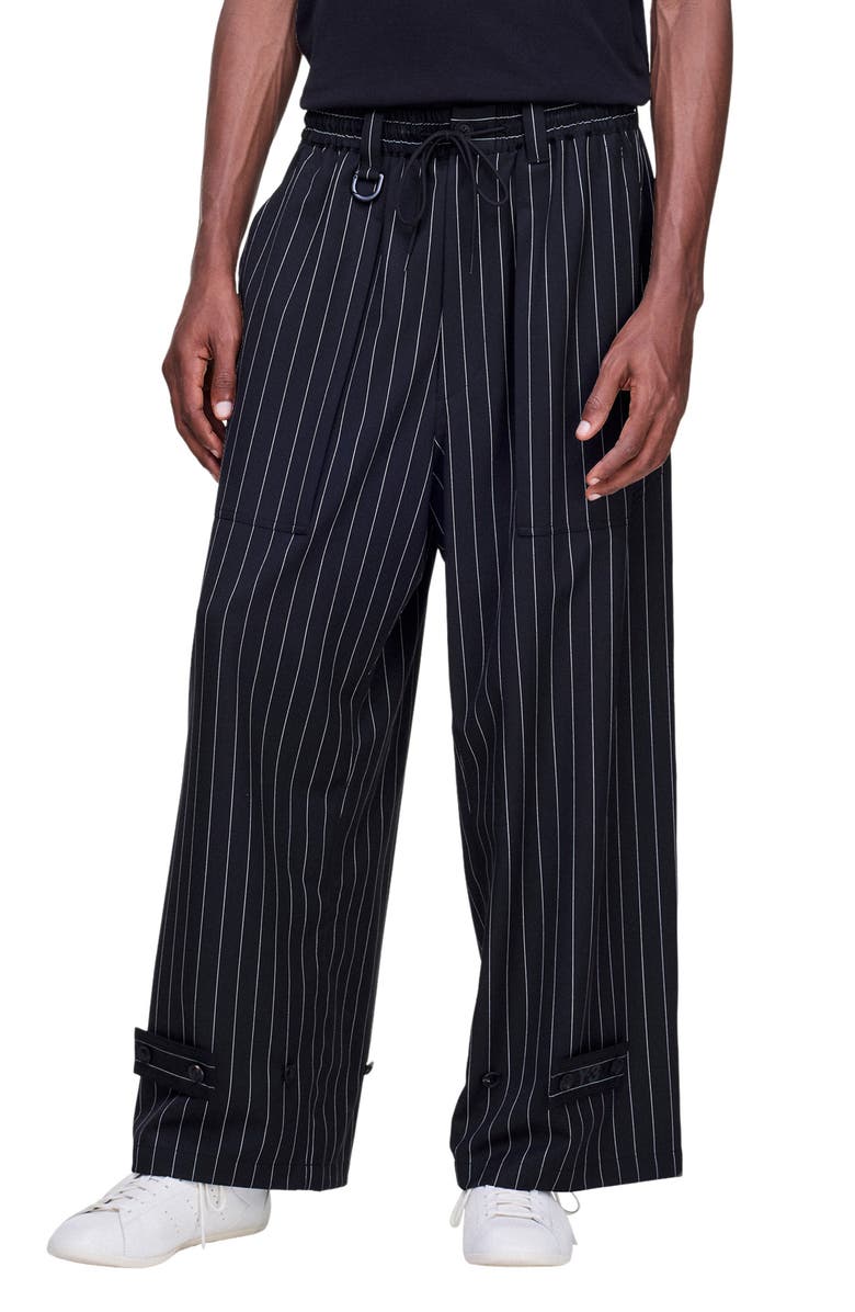 Y-3 Refined Pinstripe Oversize Wide Leg Drawstring Pants, Main, color, Black