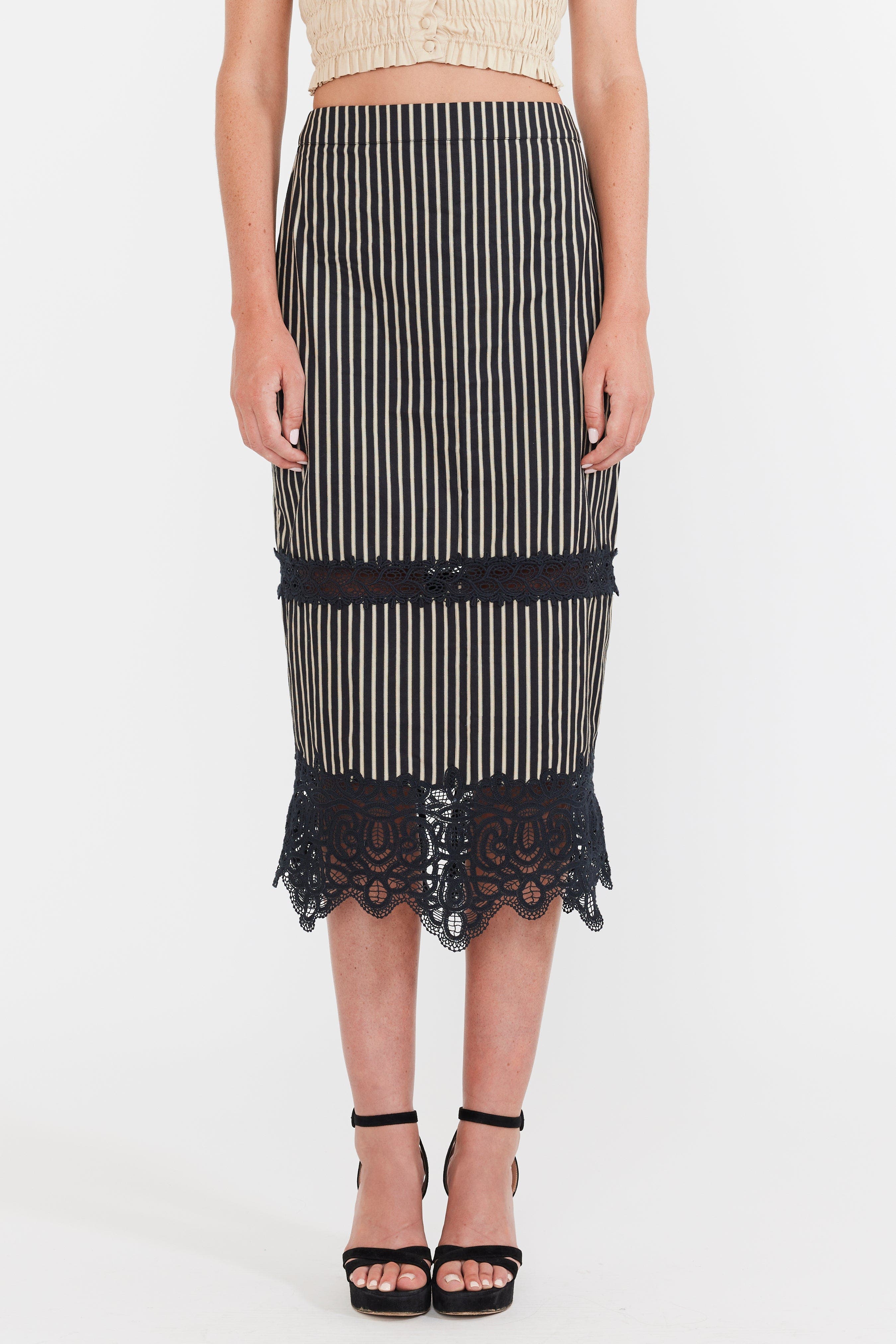 Eddy Lacey Midi Skirt in Black Khaki Stripe 
