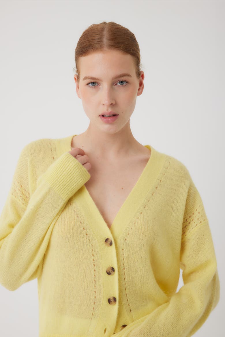Cashmere Silk Pointelle Detail Long Sleeve V-Neck Cardigan, Alternate, color, LEMON