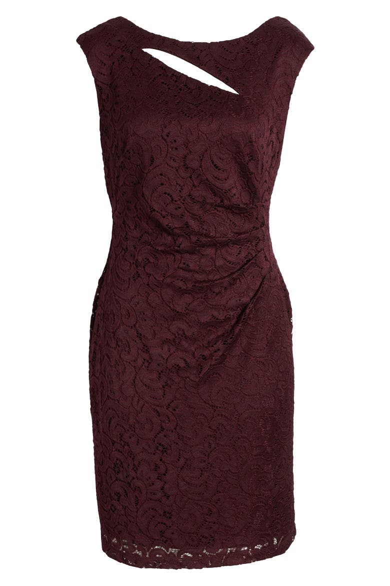 Cutout Cap Sleeve Lace Overlay Dress, Alternate, color, BORDEAUX 1