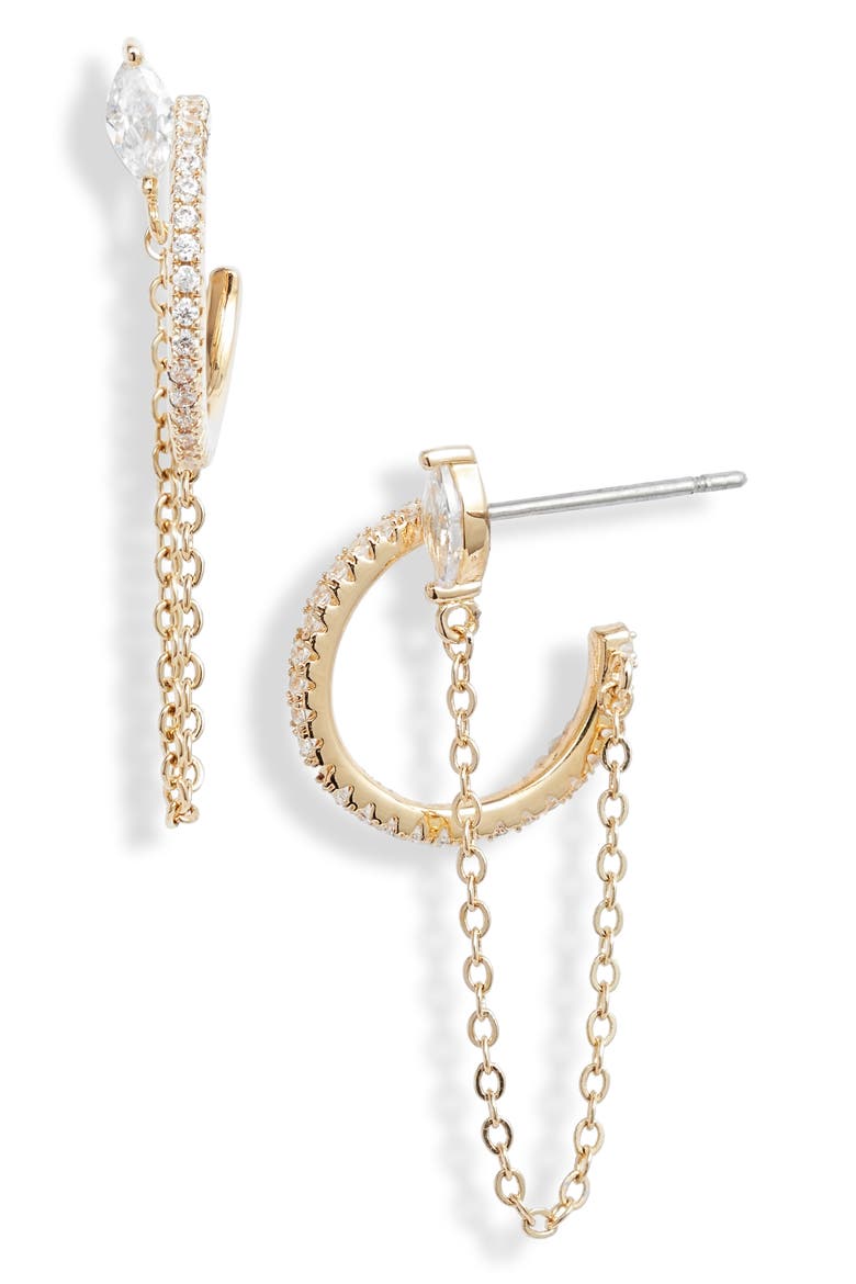 Chain Drop Pavé Hoop Earrings, Main, color, CLEAR- GOLD