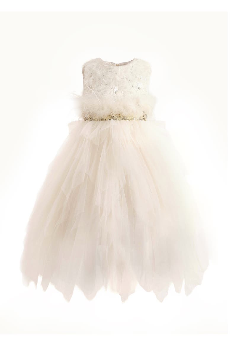 Feathered Tulle Party Dress, Main, color, Cream