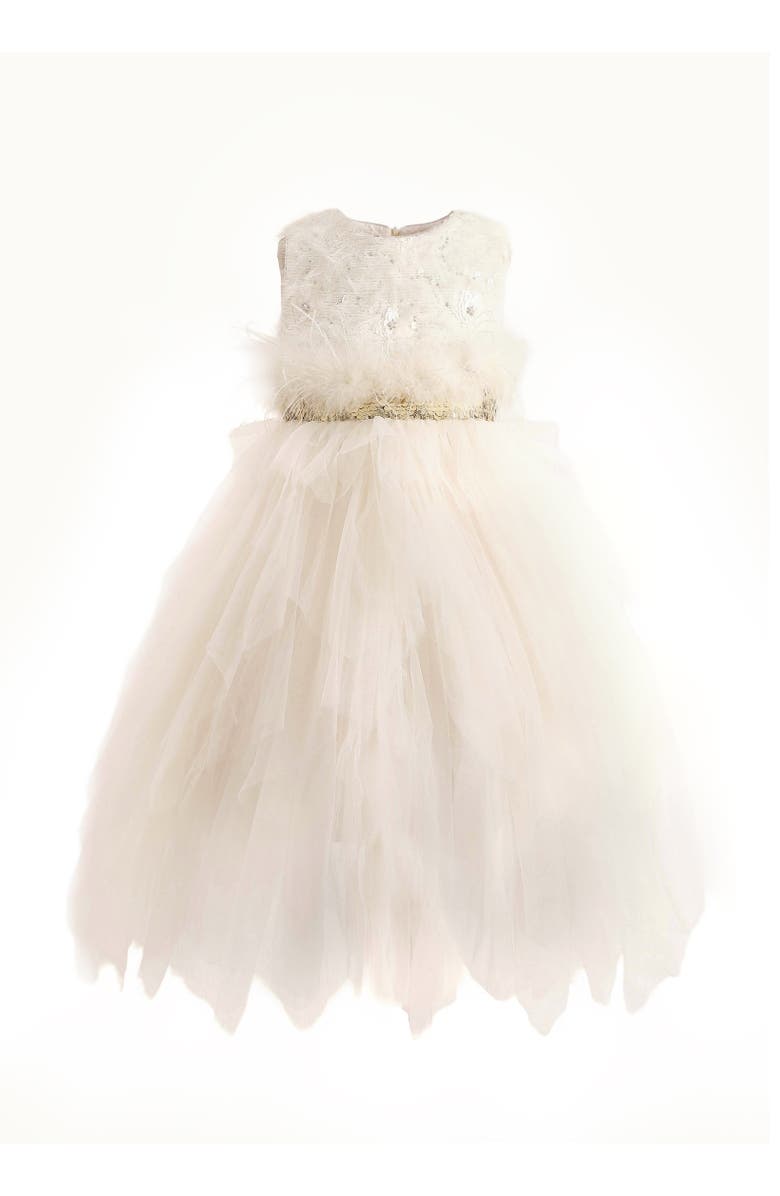 Tulleen Feathered Tulle Party Dress, Main, color, Cream