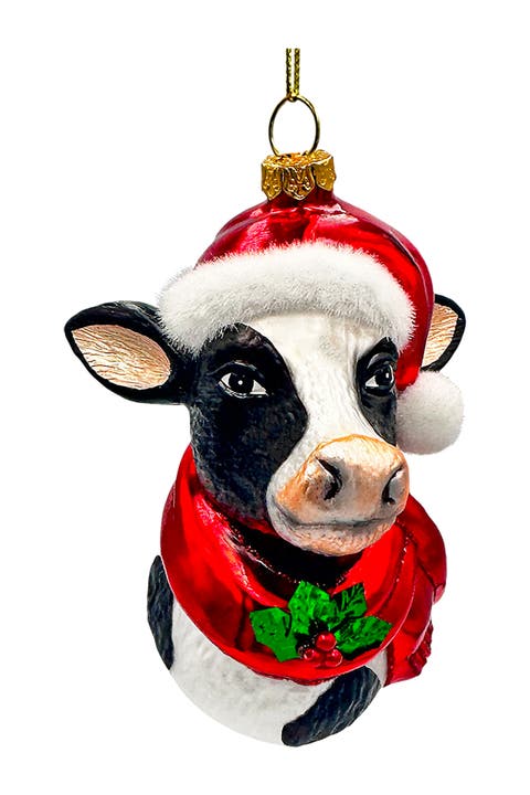 Festive Cow Santa Hat Farmhouse Themed Glass Ornament