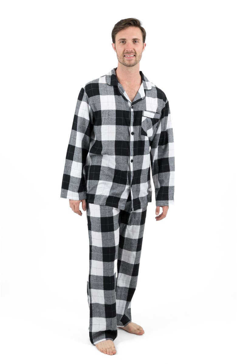 Leveret Men's Cotton Flannel Printed Holiday Pajama Set, Alternate, color, Plaid Black & White