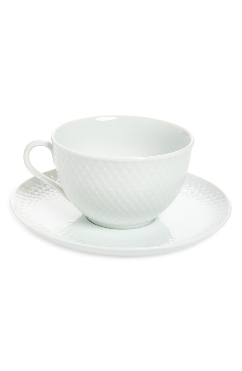 Lyngby Porcelaen Rhombe Teacup & Saucer Set, Main, color, White