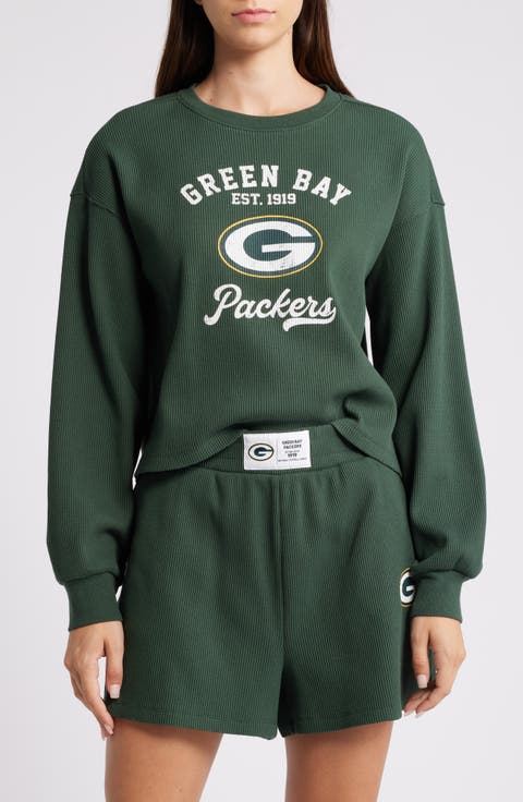 Women's WEAR by Erin Andrews Green Green Bay Packers Waffle Knit Long Sleeve T-Shirt & Shorts Lounge Set