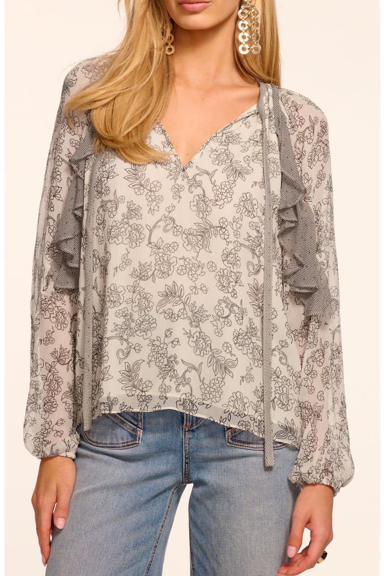 Emily Ruffle Tie Neck Silk Top, Main, color, BONE/ BLACK FLORAL