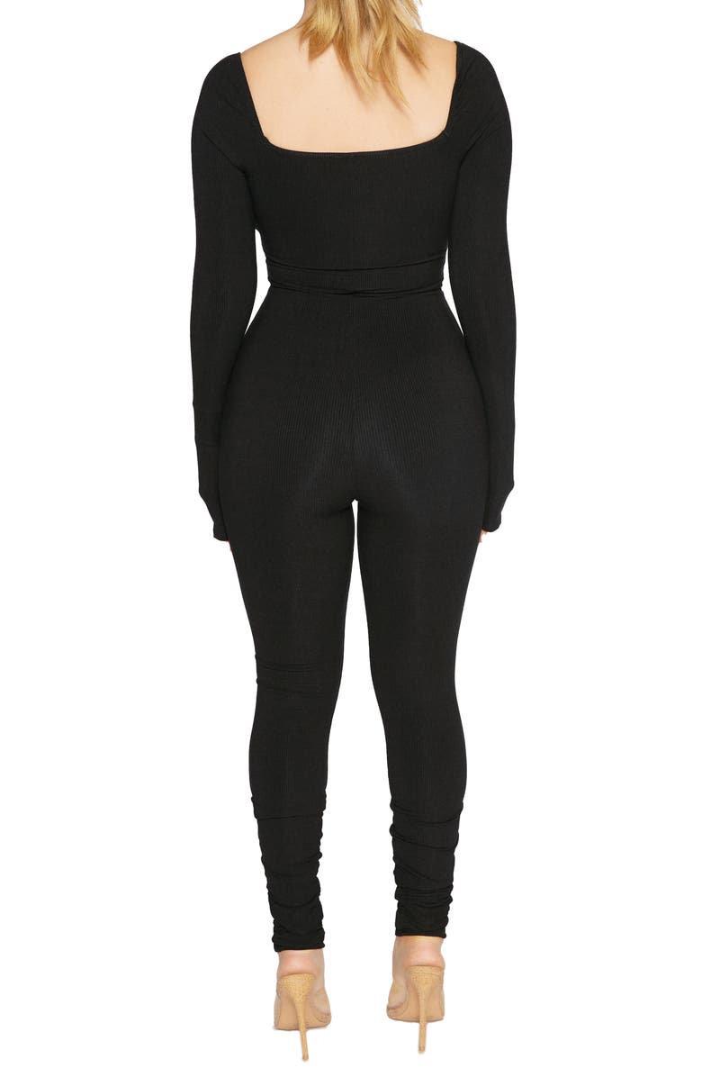 Naked Wardrobe Faux Bustier Ribbed Long Sleeve Jumpsuit, Alternate, color, Black