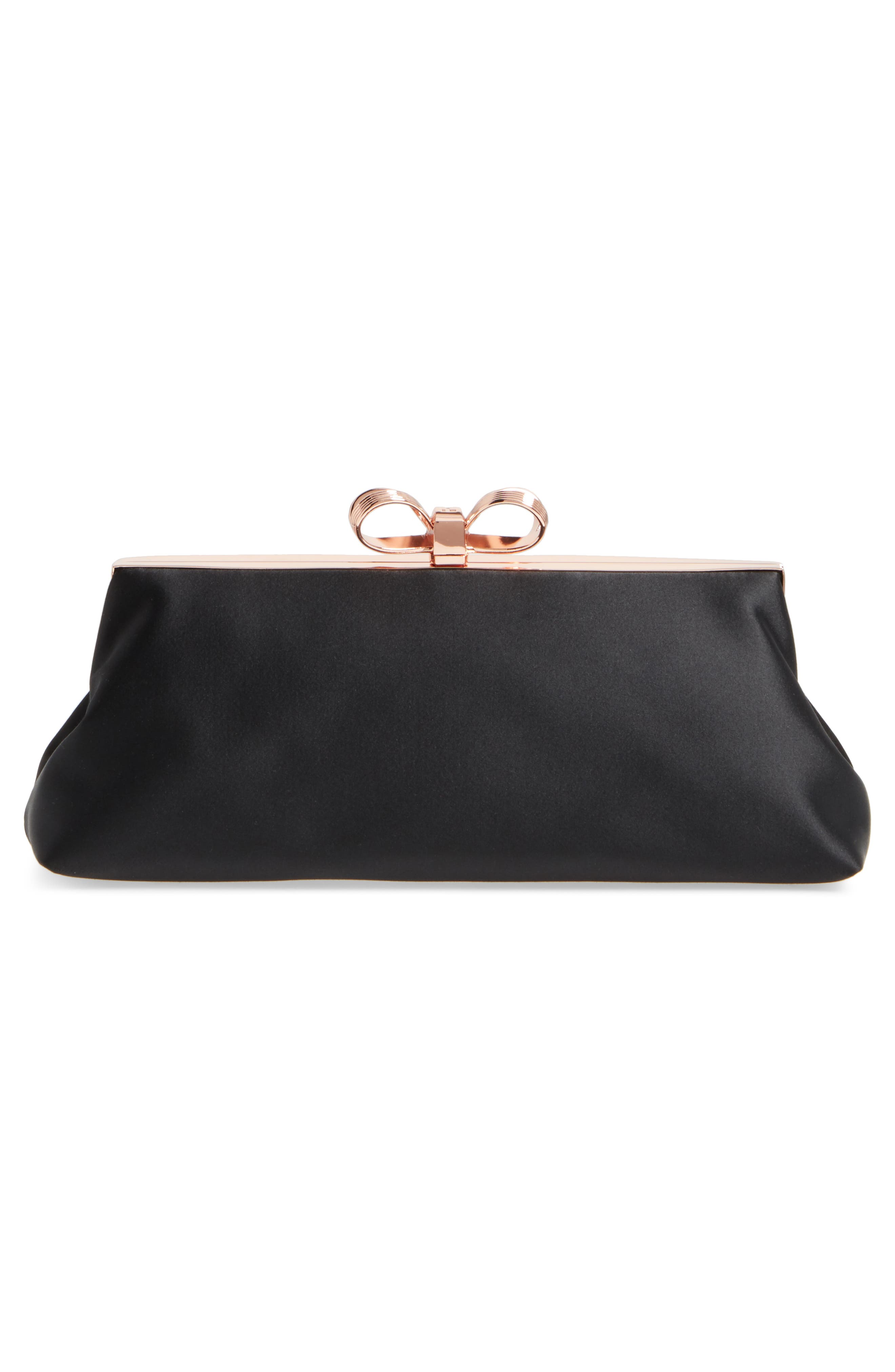 Small Coletta Bow Satin Clutch, Alternate, color, BLACK