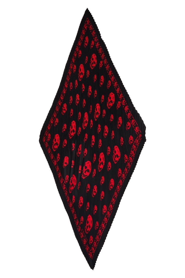 Classic Skull Print Pleated Silk Square Scarf, Main, color, BLACK/ RED