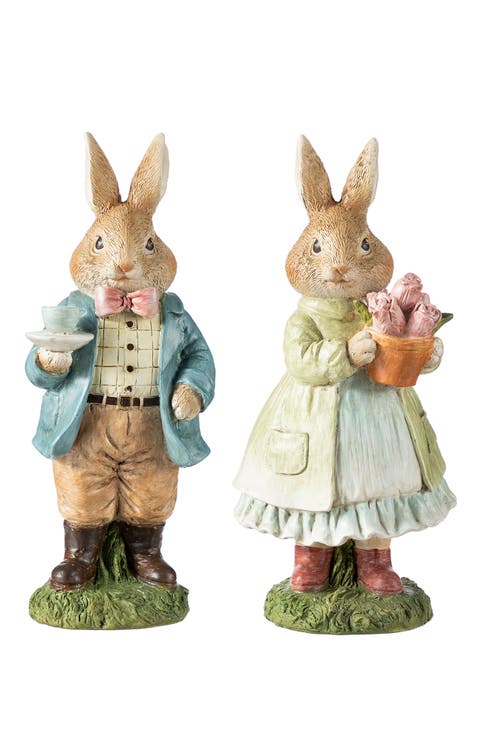 Easter Resin Bunny Couple Table Decor with Coffee and Tulips