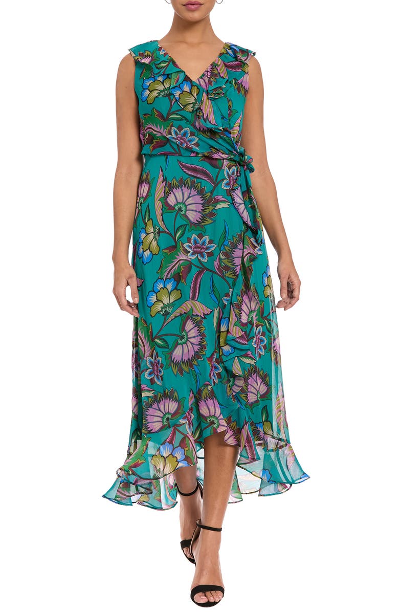 London Times Floral Ruffle Sleeveless Faux Wrap Dress, Main, color, Teal/ Berry