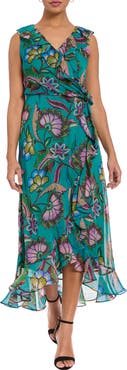 London Times Floral Ruffle Sleeveless Faux Wrap Dress