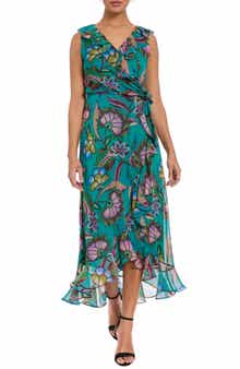 London Times Floral Ruffle Sleeveless Faux Wrap Dress