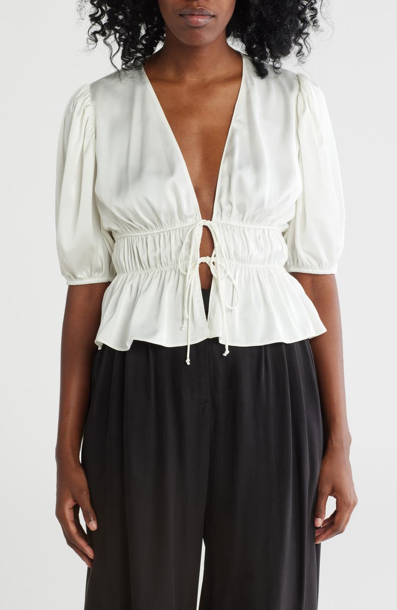 WAYF Puff Sleeve Tie Front Satin Top, Main, color, Ivory