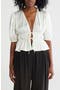 Puff Sleeve Tie Front Satin Top