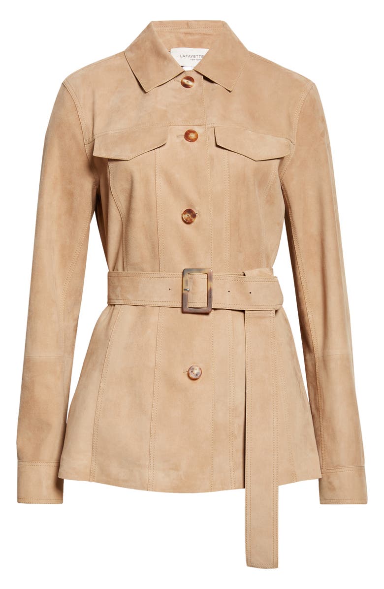 Lafayette 148 New York Belted Nubuck Leather Jacket, Alternate, color, Oat