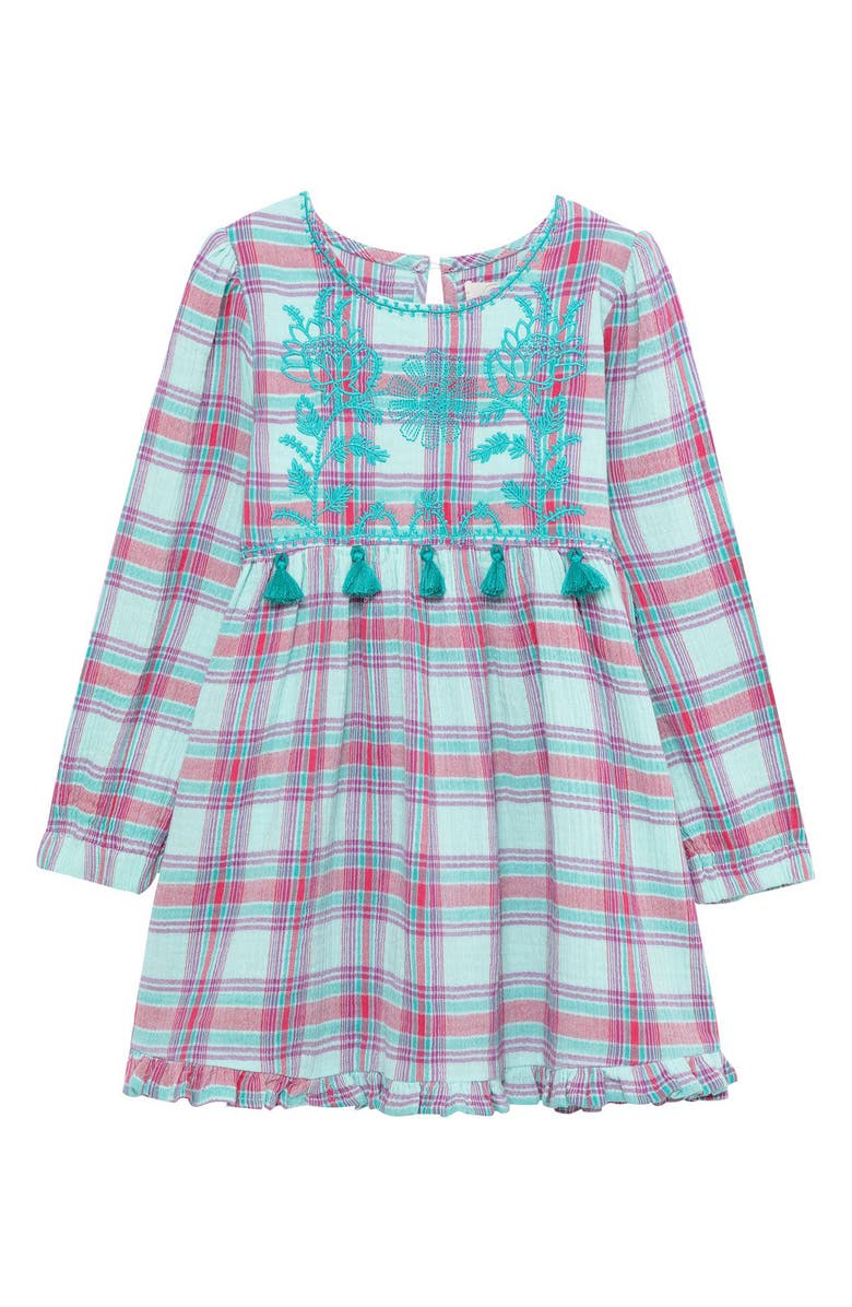 Peek Aren't You Curious Kid's Plaid Embroidered Cotton Gauze Dress, Main, color, 