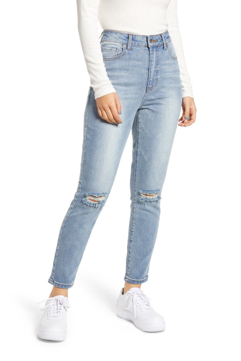 Ripped High Waist Mom Jeans, Main, color, LIGHT WASH