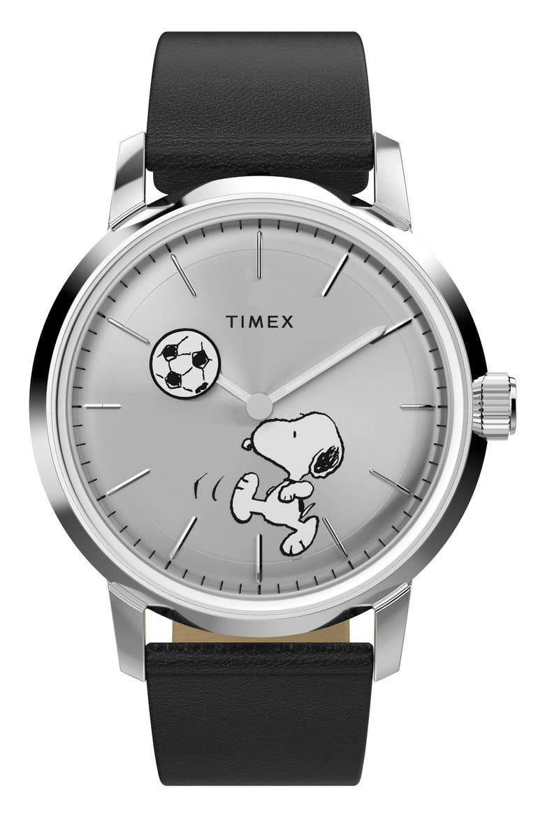 Peanuts® x Timex Marlin® Automatic 40mm Leather Strap Watch, Main, color, SILVER-TONE