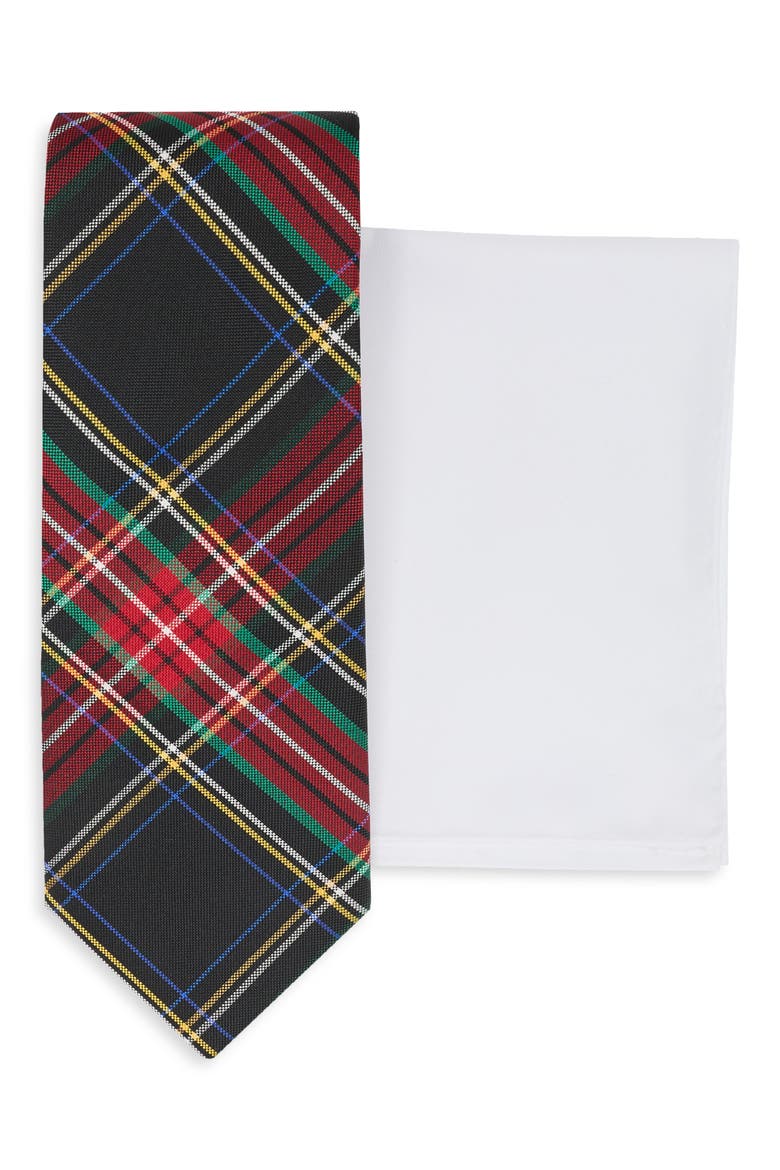 Stewart Tartan Tie & Pocket Square Set, Main, color, BLACK