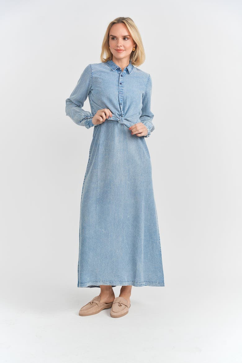 Denim Wash Tie Front Button Down Blouse, Alternate, color, Denim Wash