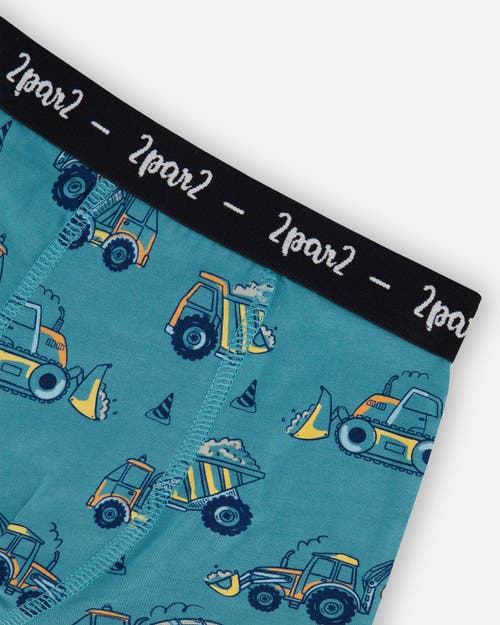 Deux Par Deux Boy's Printed Organic Cotton Boxer Shorts Teal With Yellow Truck In Teal With Yellow Truck