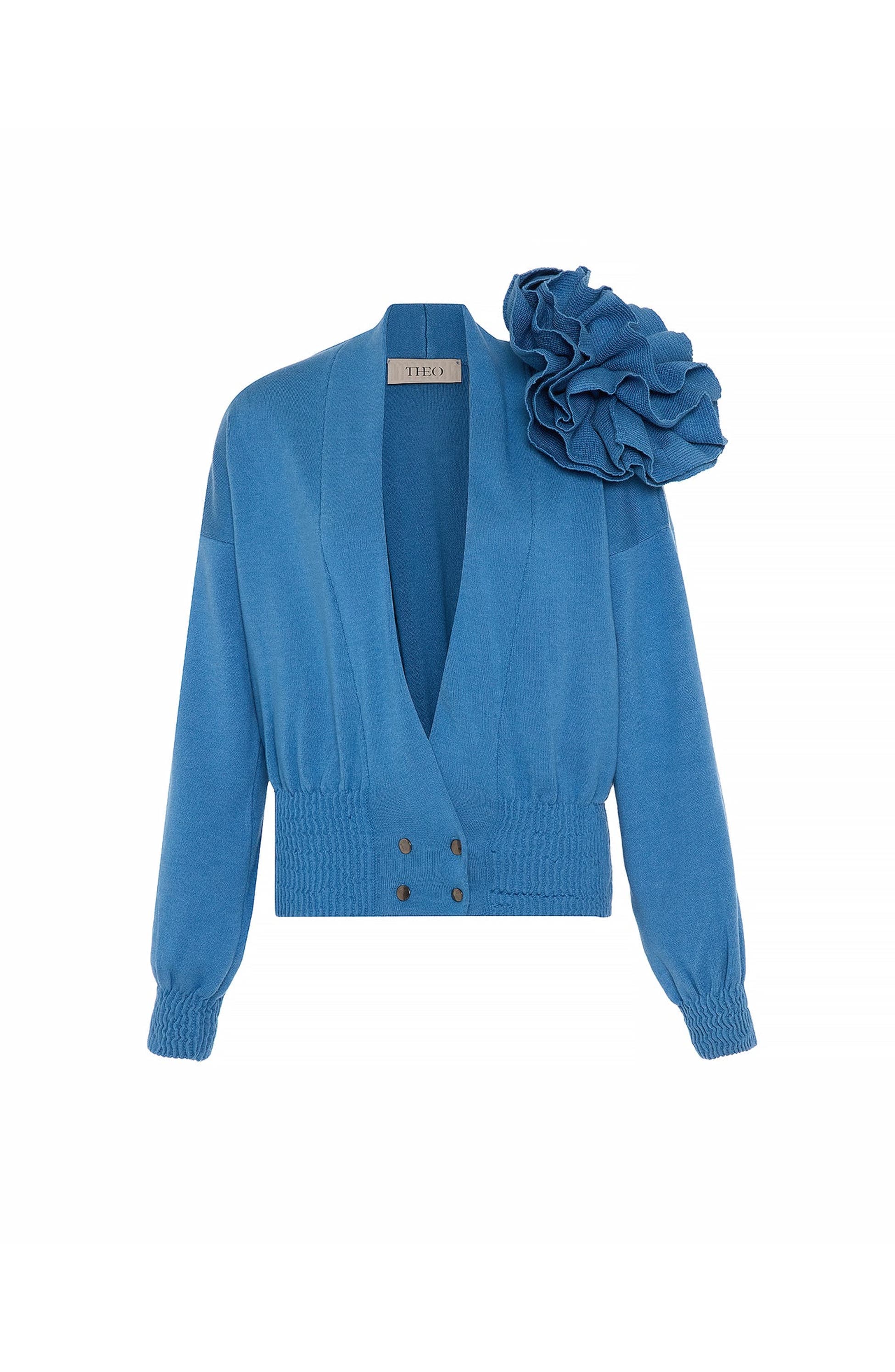 THEO The Label Nomia Ribbed Waist Rosette Cardigan, Main, color, Retro Blue