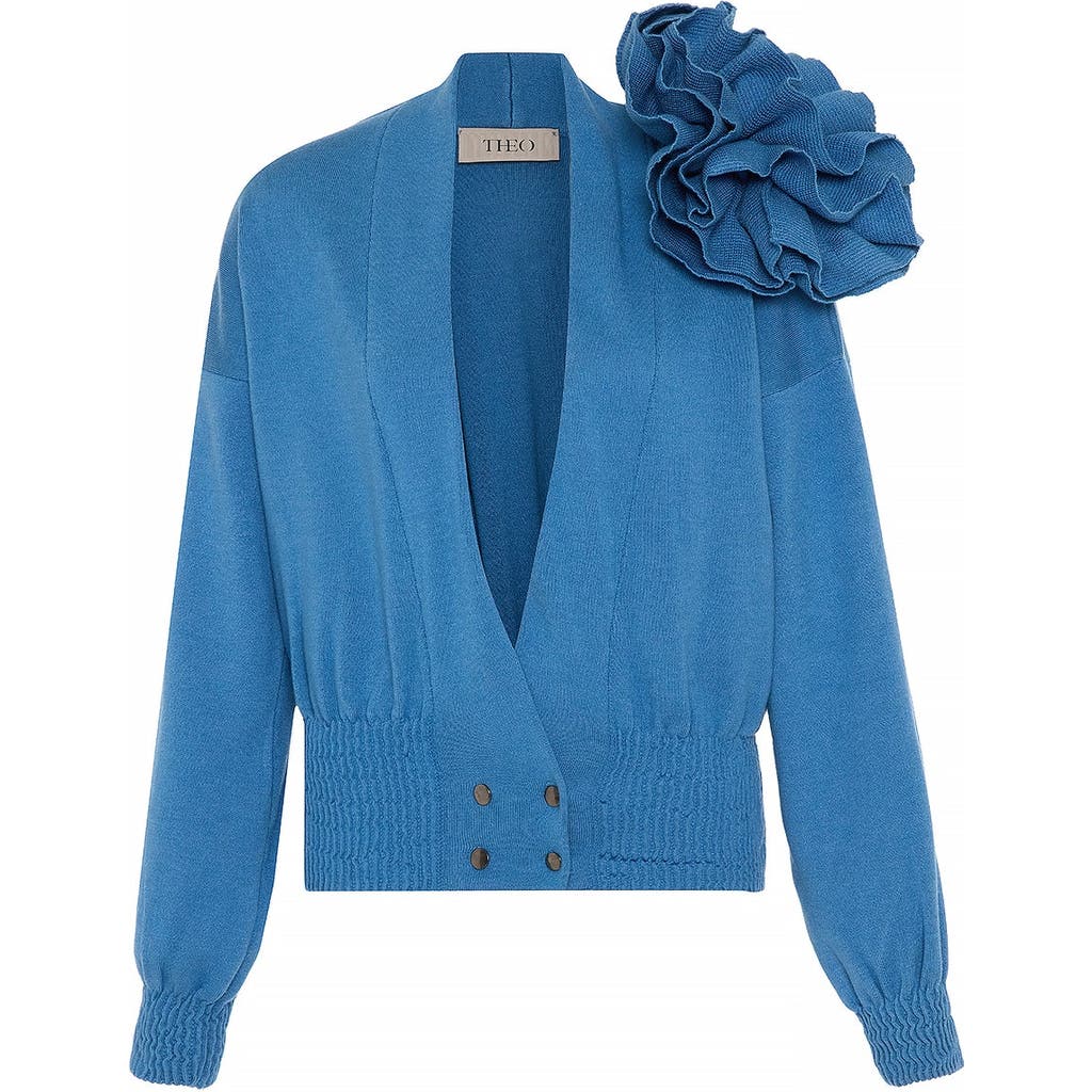 Theo The Label Nomia Ribbed Waist Rosette Cardigan In Blue