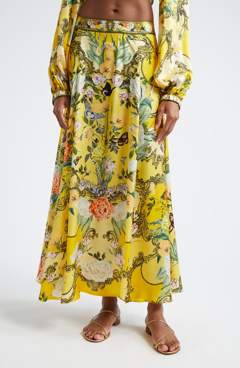 Camilla Paths of Gold Flared Silk Midi Skirt, Main, color, 