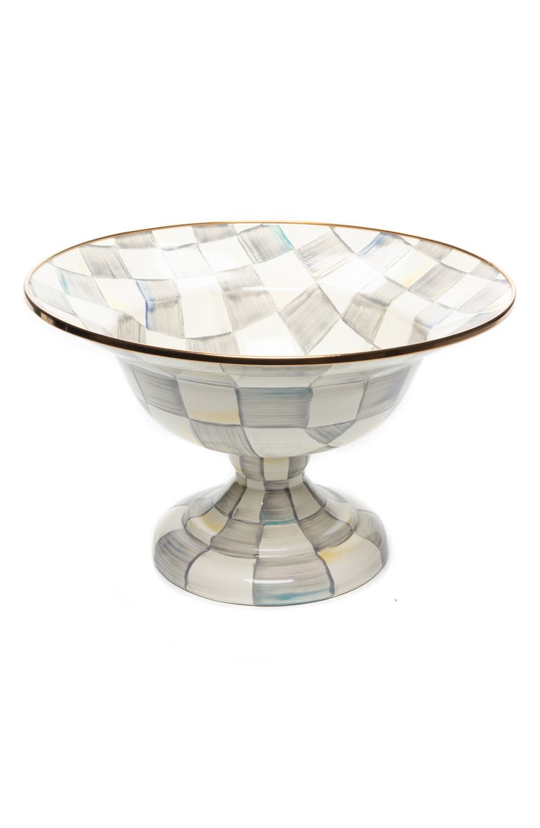 MACKENZIE CHILDS Sterling Check Enameled Steel Compote, Main, color, Grey/ White