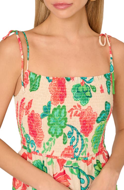 Adrianna Papell Print Smocked Tie Strap Dress In Ivory Multi
