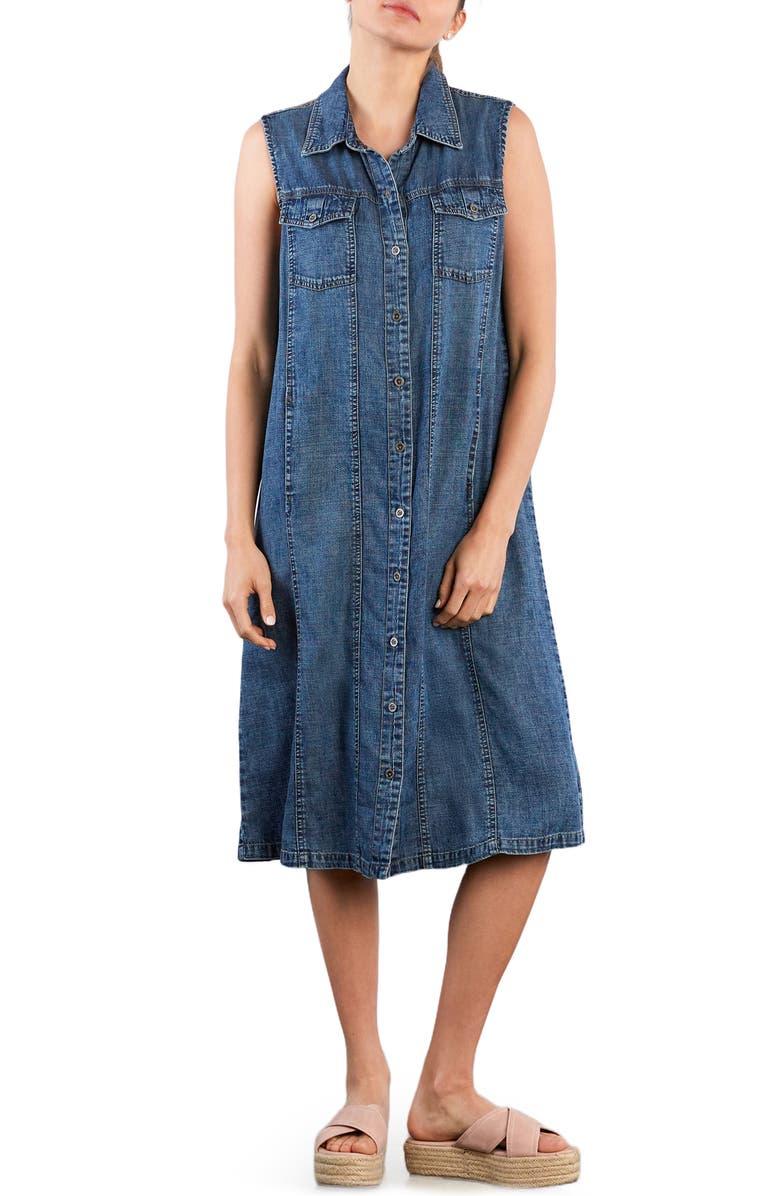 Wash Lab Denim Seamed Sleeveless Denim Midi Shirtdress, Main, color, Denim Steel