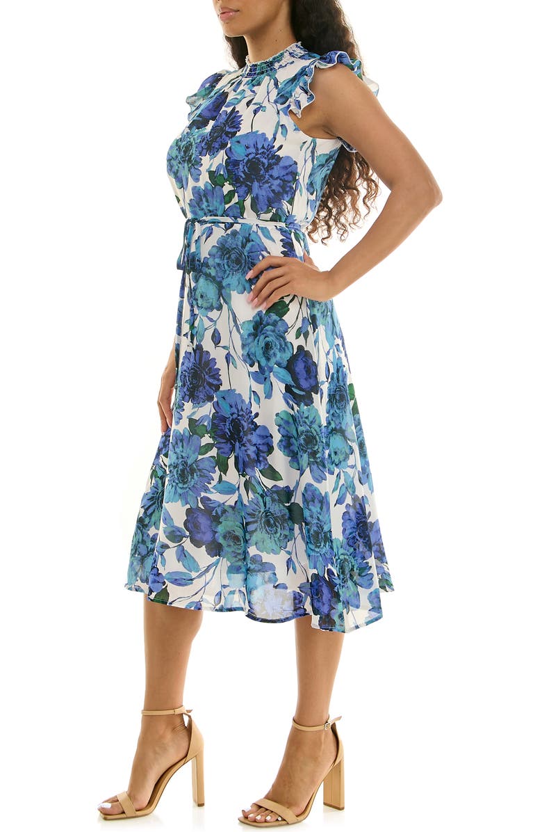 Nina Leonard Smock Chiffon Midi Dress, Alternate, color, Blue Multi Combo